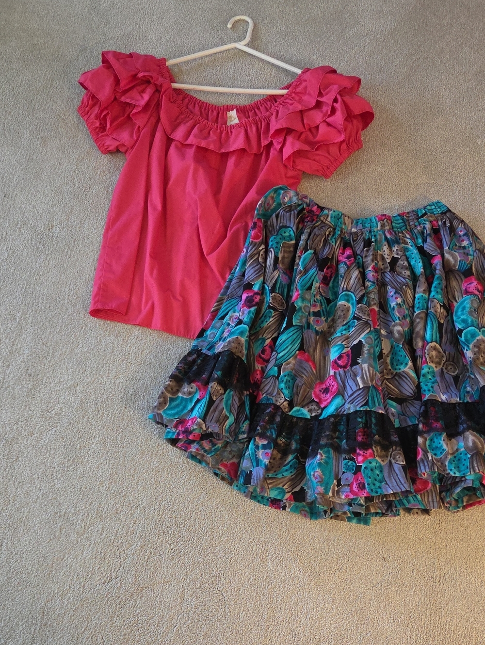 Bright Pink Ruffle-Sleeve Top w/ Floral Teal Print Skirt Set for Square Dancing
